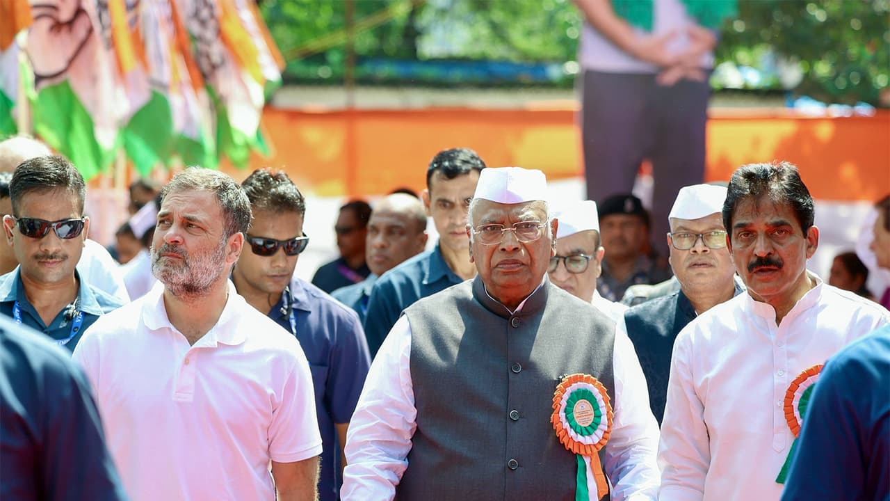 Rahul Gandhi, along with Mallikarjun Kharge and KC Venugopal. (File photo/ANI) Rahul Gandhi, along with Mallikarjun Kharge and KC Venugopal. (File photo/ANI)