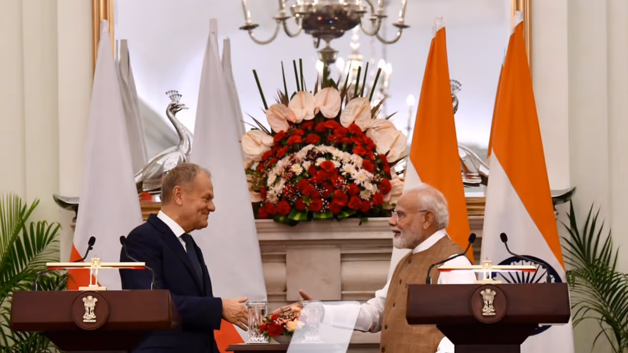 Prime Minister Narendra Modi with Prime Minister of Poland Donald Tusk during during Joint Press Statements at Hyderabad House, in New Delhi on Thursday (Photo/ANI/Rahul Singh) Prime Minister Narendra Modi with Prime Minister of Poland Donald Tusk during during Joint Press Statements at Hyderabad House, in New Delhi on Thursday (Photo/ANI/Rahul Singh)