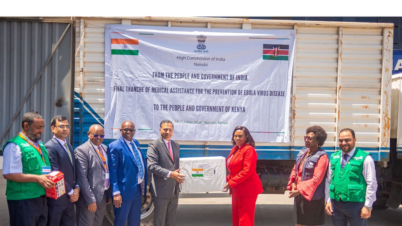 India's High Commissioner to Kenya, Adarsh Swaika, hands over medical assistance to Kenya's Principal Secretary for Public Health, Mary Muthoni Muriuki, in Nairobi. (Photo: X/@IndiainKenya) India's High Commissioner to Kenya, Adarsh Swaika, hands over medical assistance to Kenya's Principal Secretary for Public Health, Mary Muthoni Muriuki, in Nairobi. (Photo: X/@IndiainKenya)