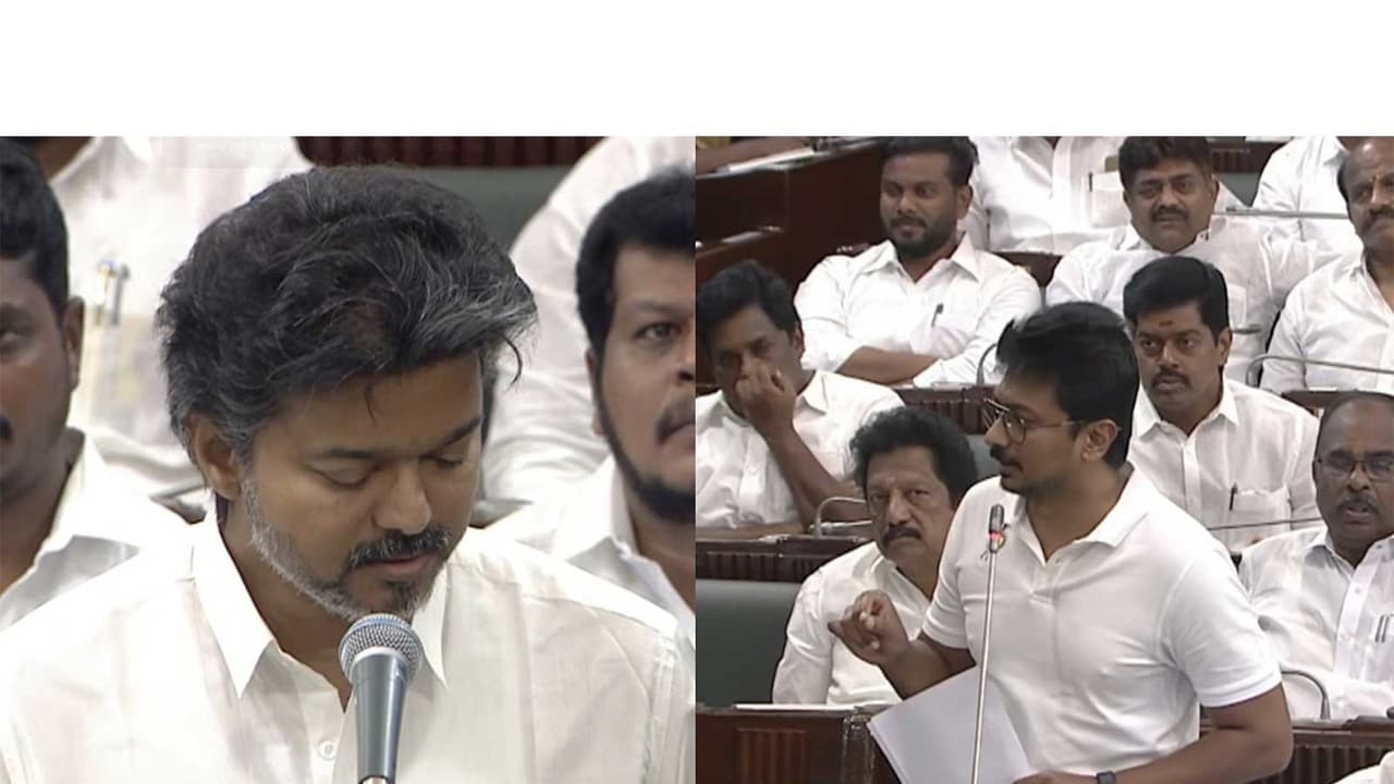 Tamil Nadu CM Vijay and LoP Udhayanidhi Stalin (Photo/Tamil Nadu Assembly YouTube) Tamil Nadu CM Vijay and LoP Udhayanidhi Stalin (Photo/Tamil Nadu Assembly YouTube)