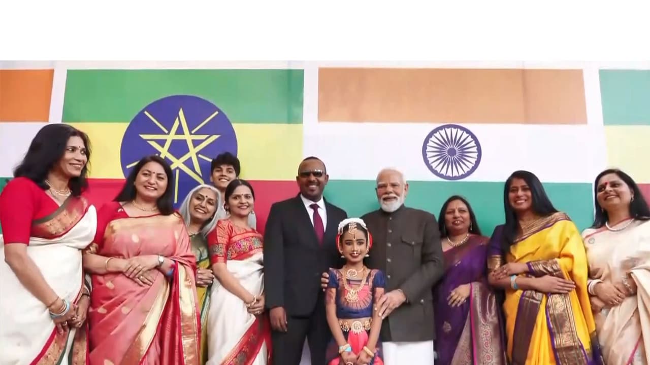 Prime Minister Narendra Modi with his Ethiopian counterpart Abiy Ahmed and members of Indian diaspora in Addis Ababa. (Photo/ANI) Prime Minister Narendra Modi with his Ethiopian counterpart Abiy Ahmed and members of Indian diaspora in Addis Ababa. (Photo/ANI)