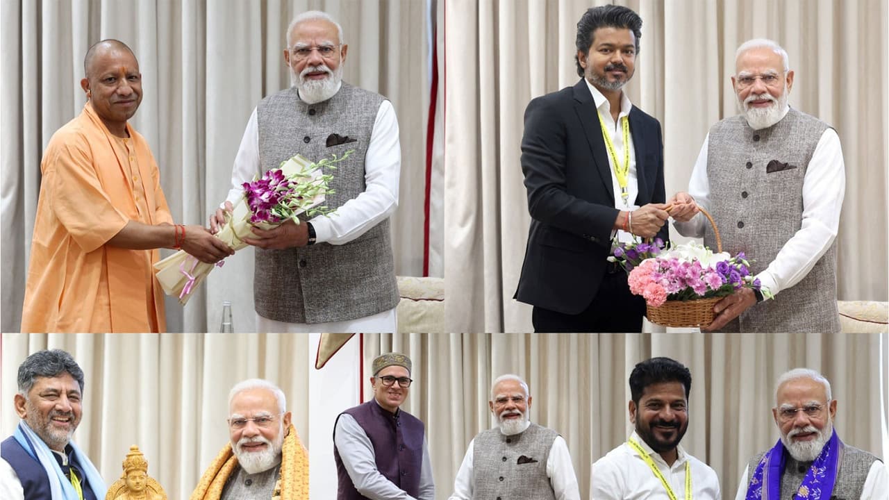 Uttar Pradesh Chief Minister Yogi Adityanath, Tamil Nadu CM C Joseph Vijay, Karnataka CM DK Shivakumar, Jammu and Kashmir CM Omar Abdullah and Telangana CM Revanth Reddy meet Prime Minister Narendra Modi (Photos/@PMOIndia)X/ Uttar Pradesh Chief Minister Yogi Adityanath, Tamil Nadu CM C Joseph Vijay, Karnataka CM DK Shivakumar, Jammu and Kashmir CM Omar Abdullah and Telangana CM Revanth Reddy meet Prime Minister Narendra Modi (Photos/@PMOIndia)X/