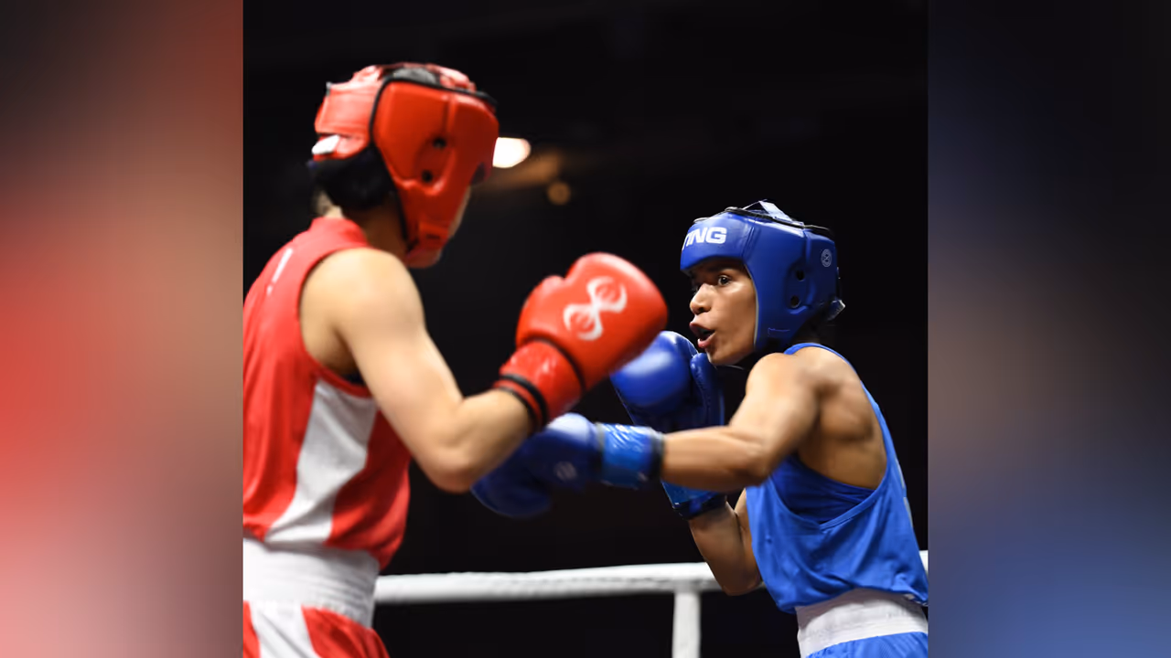 Nikhat Zareen (in blue) in action. (Photo: BFI) Nikhat Zareen (in blue) in action. (Photo: BFI)