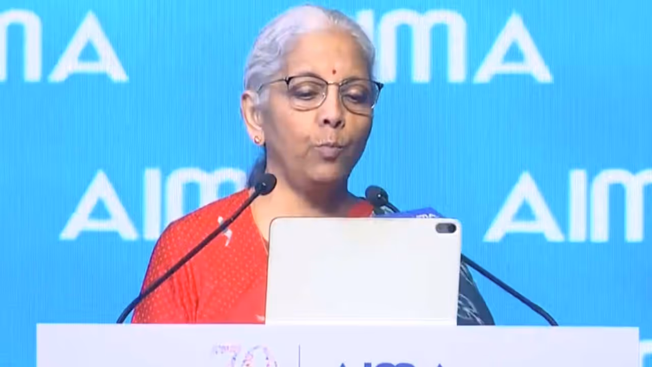 Finance Minister Nirmala Sitharaman at Platinum Jubilee National Management Convention 2026 AIMA (Photo/ANI) Finance Minister Nirmala Sitharaman at Platinum Jubilee National Management Convention 2026 AIMA (Photo/ANI)