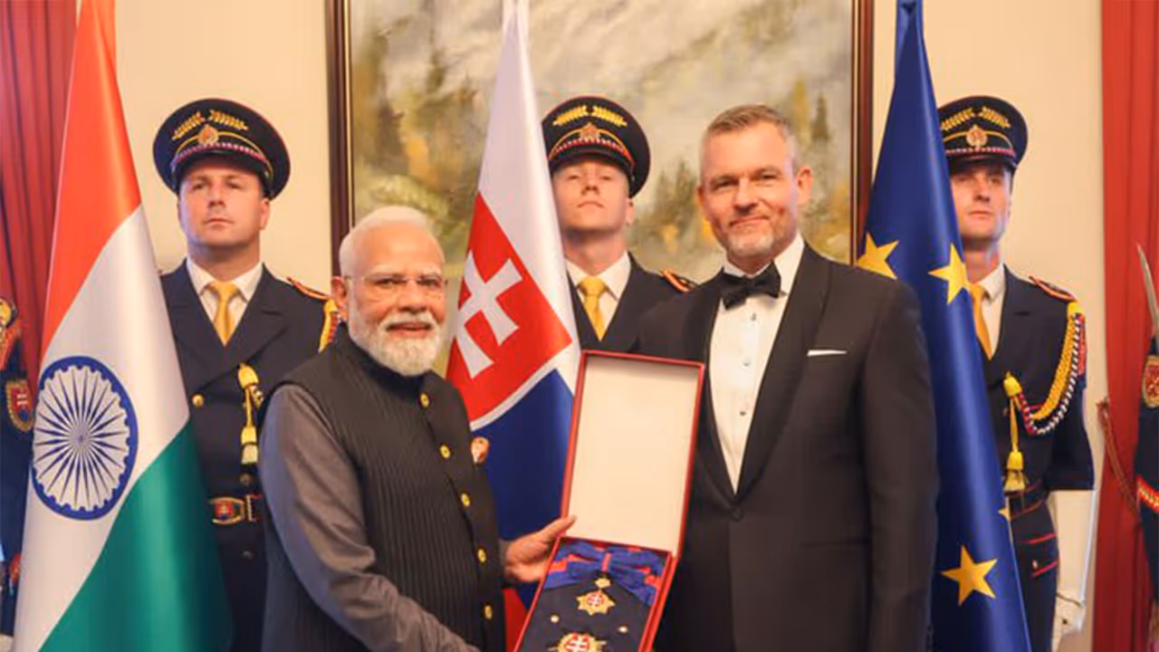 PM Narendra Modi being conferred The Order of the White Double Cross (1st Class) (Photo/ANI) PM Narendra Modi being conferred The Order of the White Double Cross (1st Class) (Photo/ANI)