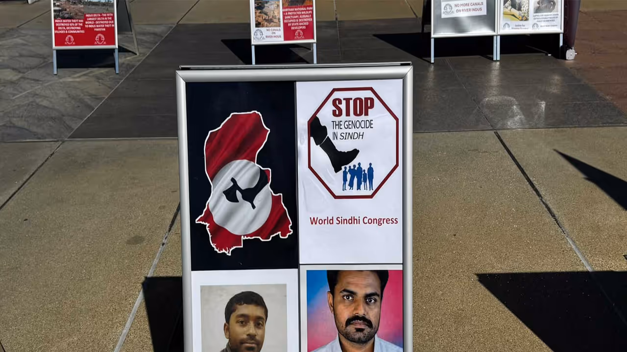 Posters displayed during the World Sindhi Congress exhibition in Geneva highlight human rights violations, including cases of enforced disappearances. (Image Source: World Sindhi Congress) Posters displayed during the World Sindhi Congress exhibition in Geneva highlight human rights violations, including cases of enforced disappearances. (Image Source: World Sindhi Congress)