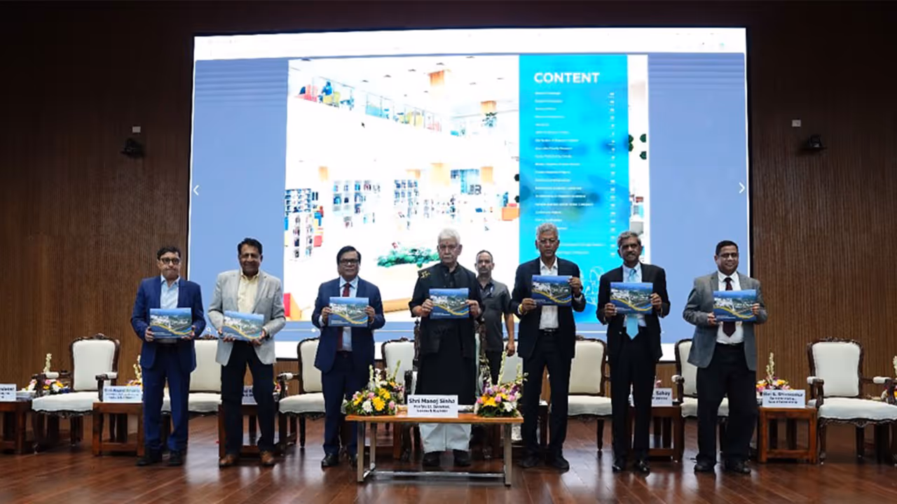 Jammu and Kashmir Lieutenant Governor Manoj Sinha releasing an institutional publication and brochure during an official event (Photo/ANI) Jammu and Kashmir Lieutenant Governor Manoj Sinha releasing an institutional publication and brochure during an official event (Photo/ANI)