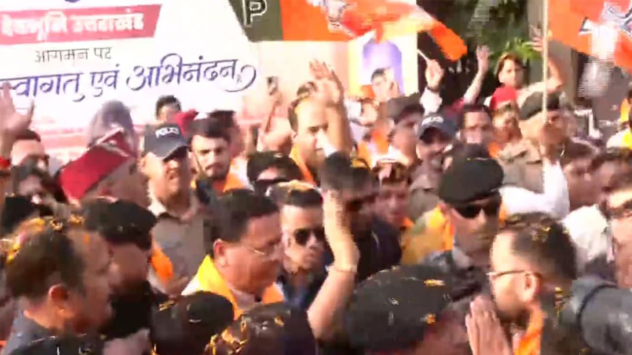 BJP chief Nitin Nabin, Uttarakhand CM Dhami receive grand welcome (Photo/ANI) BJP chief Nitin Nabin, Uttarakhand CM Dhami receive grand welcome (Photo/ANI)