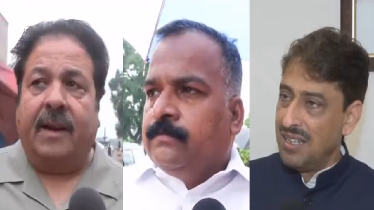 Congress leaders Rajeev Shukla, Manickam Tagore and Imran Masood. (Photo/ANI) Congress leaders Rajeev Shukla, Manickam Tagore and Imran Masood. (Photo/ANI)