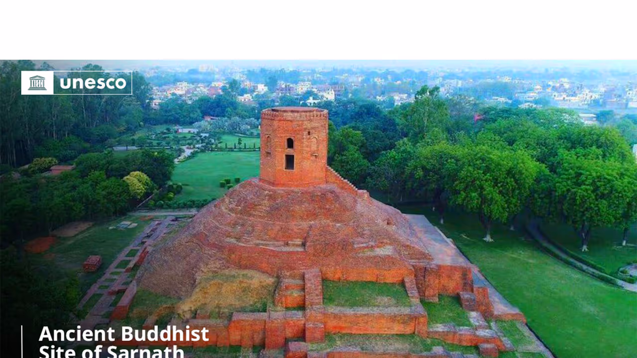 Aerial view of the ancient Chaukhandi Stupa at Sarnath, Uttar Pradesh, inscribed on the UNESCO World Heritage List. (Photo: X/@UNESCO) Aerial view of the ancient Chaukhandi Stupa at Sarnath, Uttar Pradesh, inscribed on the UNESCO World Heritage List. (Photo: X/@UNESCO)