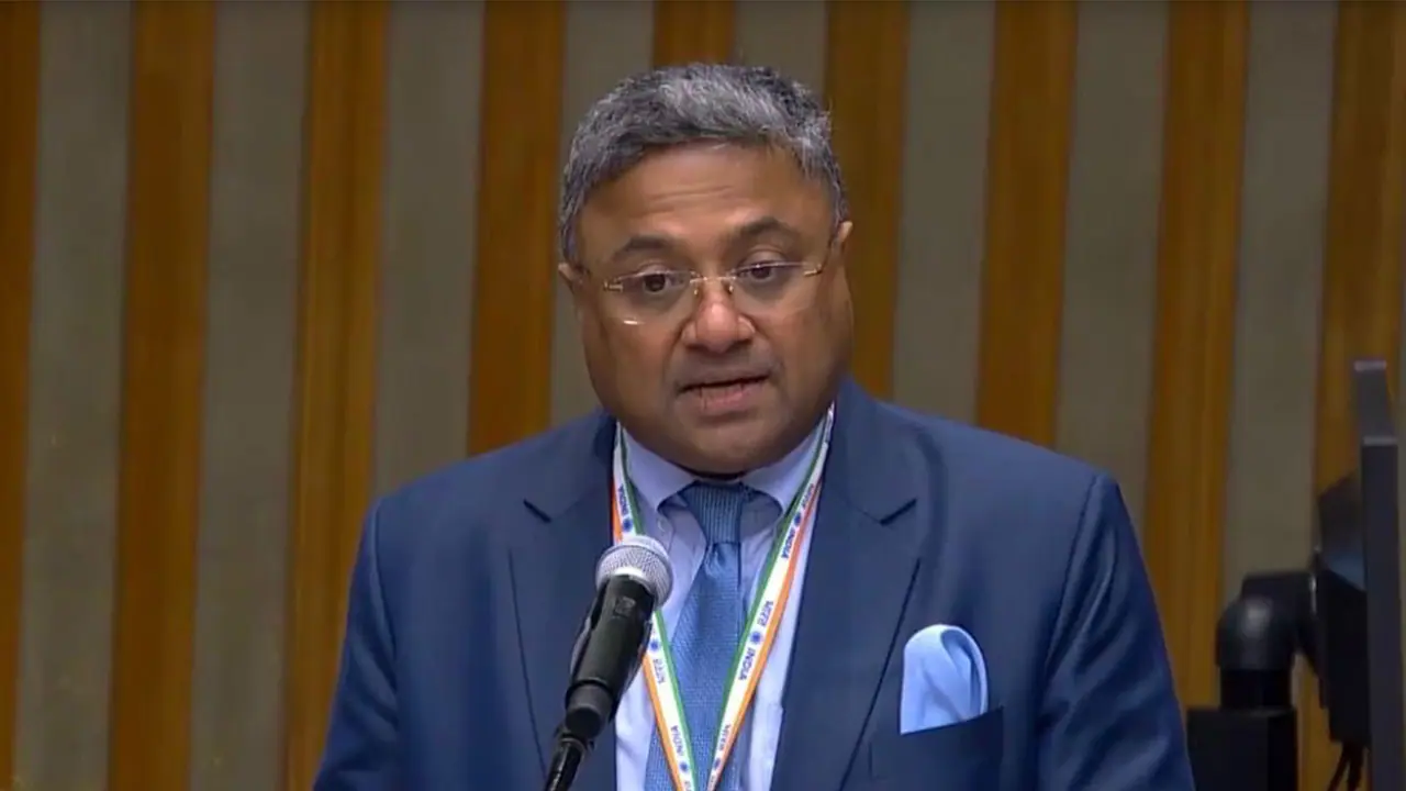 MEA Secretary (West) Sibi George delivers India’s national statement at the UN General Assembly high level segment in New York. (Photo: X/@MEAIndia) MEA Secretary (West) Sibi George delivers India’s national statement at the UN General Assembly high level segment in New York. (Photo: X/@MEAIndia)