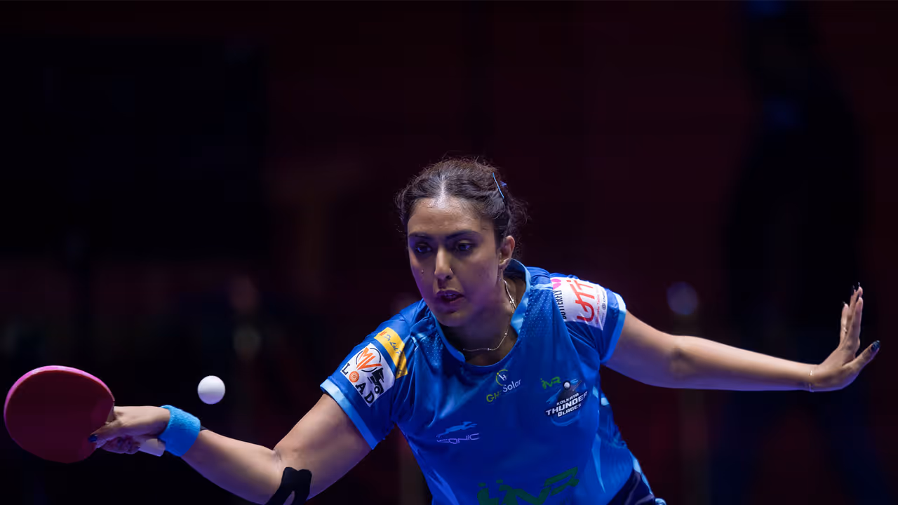 Ayhika Mukherjee in action during Ultimate Table Tennis season 7 (Image: UTT) Ayhika Mukherjee in action during Ultimate Table Tennis season 7 (Image: UTT)