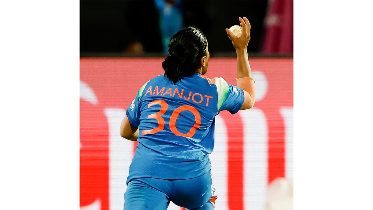 India Women's Amanjot Kaur takes the catch to dismiss South Africa Women's skipper Laura Wolvaardt (Photo: ANI)