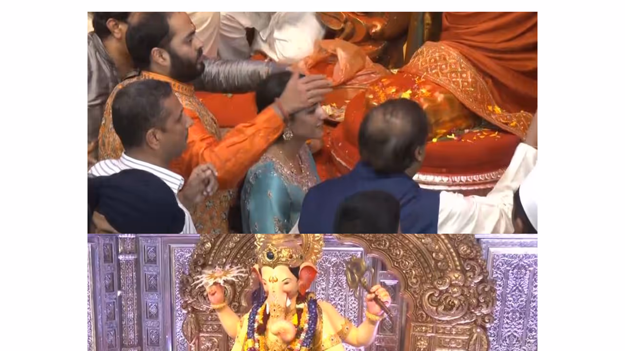 Mukesh Ambani, Anant Ambani, Radhika Merchant visit Lalbaugcha Raja (Photo/ANI) Mukesh Ambani, Anant Ambani, Radhika Merchant visit Lalbaugcha Raja (Photo/ANI)