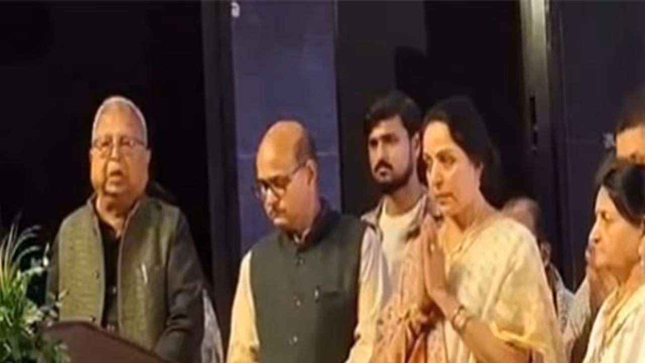 BJP MP and actress Hema Malini at Dharmendra's condolence meet in Mathura (Image source: ANI) BJP MP and actress Hema Malini at Dharmendra's condolence meet in Mathura (Image source: ANI)