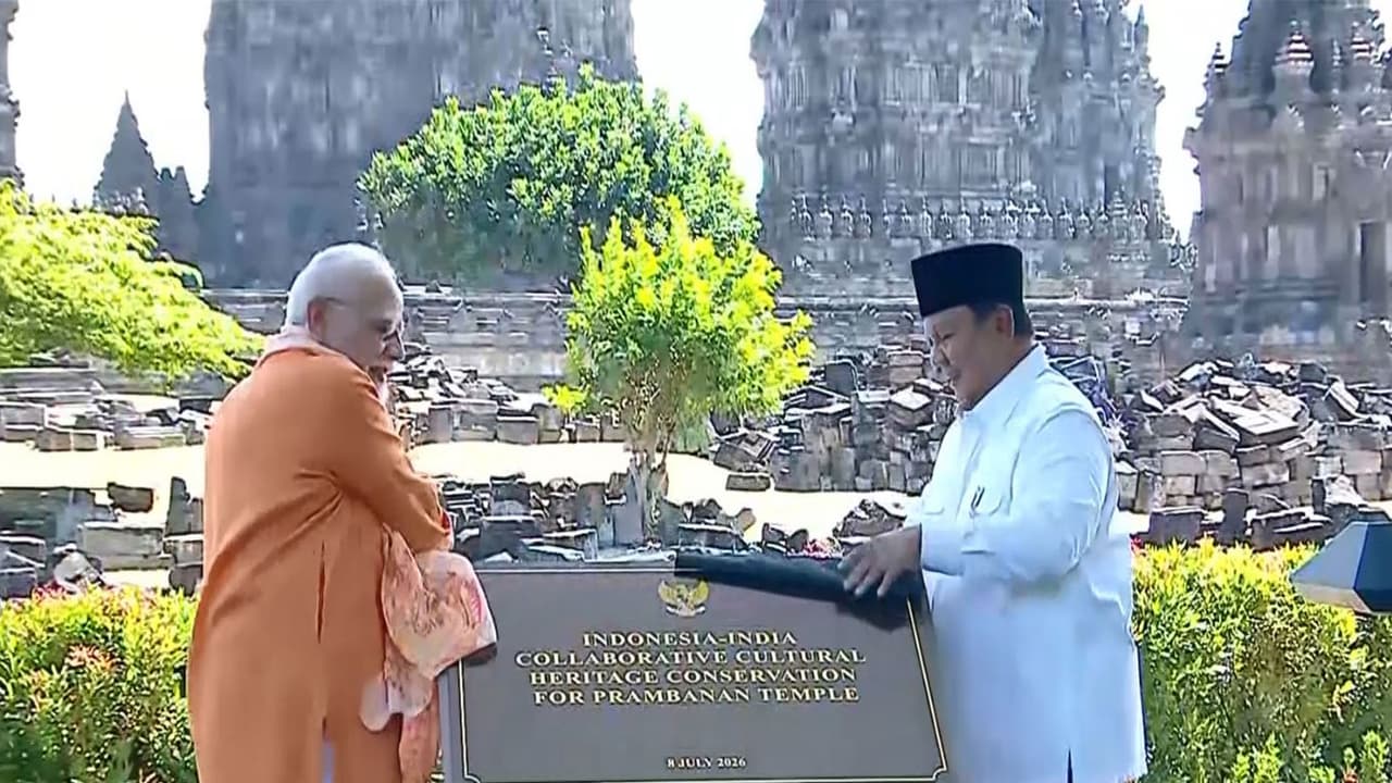 Prime Minister Narendra Modi and Indonesian President Prabowo Subianto jointly inaugurate the UNESCO World Heritage Prambanan Temple restoration project in Yogyakarta, Indonesia. (Photo: ANI/DD News) Prime Minister Narendra Modi and Indonesian President Prabowo Subianto jointly inaugurate the UNESCO World Heritage Prambanan Temple restoration project in Yogyakarta, Indonesia. (Photo: ANI/DD News)