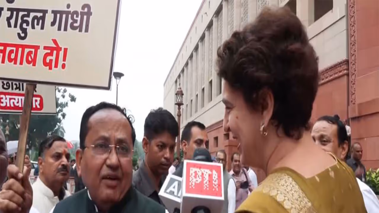 Congress MP Priyanka Gandhi at Parliament during NDA protest (Photo: ANI) Congress MP Priyanka Gandhi at Parliament during NDA protest (Photo: ANI)