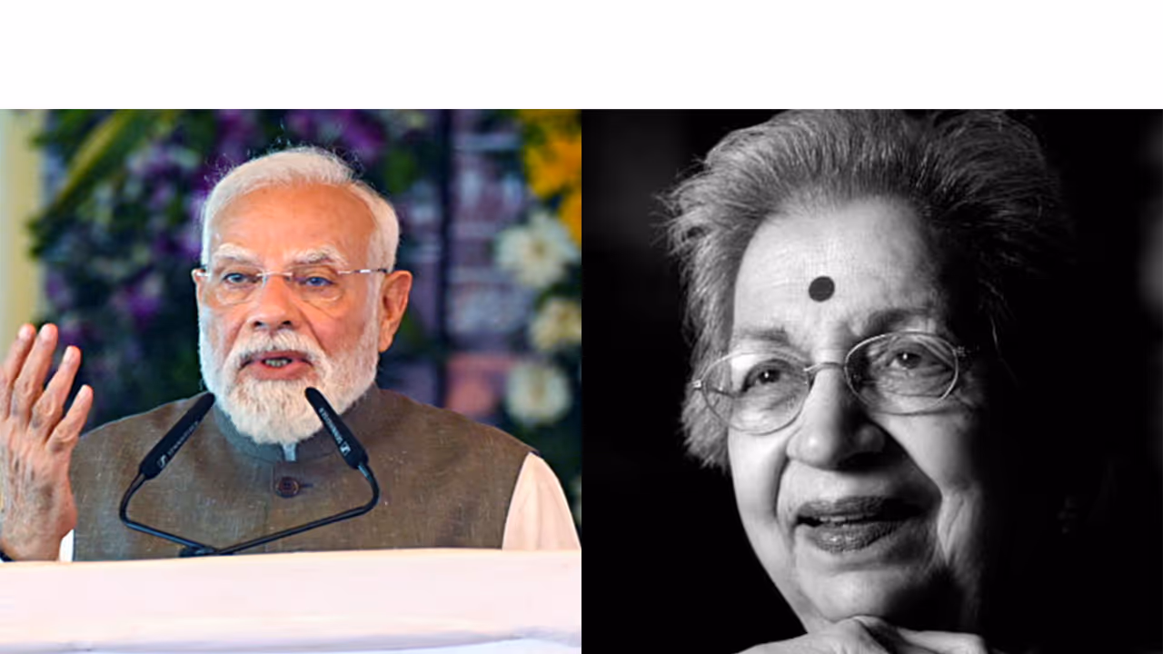 PM Modi (L) Veteran Marathi director Vijaya Mehta (R) (Photos/ANI/X/@ShelarAshish) PM Modi (L) Veteran Marathi director Vijaya Mehta (R) (Photos/ANI/X/@ShelarAshish)