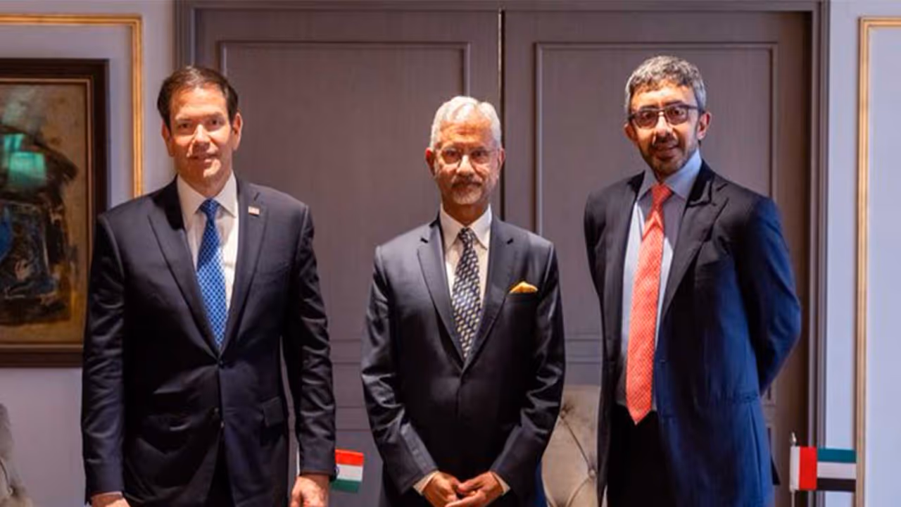 US Secretary of State Marco Rubio, External Affairs Minister S. Jaishankar, and UAE Foreign Minister Sheikh Abdullah bin Zayed Al Nahyan during their trilateral meeting in Mumbai (Photo: X/@DrSJaishankar) US Secretary of State Marco Rubio, External Affairs Minister S. Jaishankar, and UAE Foreign Minister Sheikh Abdullah bin Zayed Al Nahyan during their trilateral meeting in Mumbai (Photo: X/@DrSJaishankar)