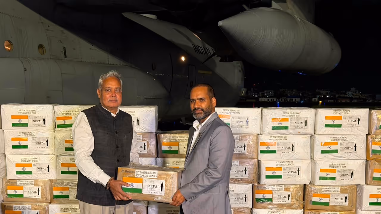 Indian Ambassador to Nepal Naveen Srivastava handing over humanitarian aid materials from India to Nepal's Minister for Culture, Tourism and Civil Aviation, Khadka Raj Poudel. (Photo: X/@MEAIndia) Indian Ambassador to Nepal Naveen Srivastava handing over humanitarian aid materials from India to Nepal's Minister for Culture, Tourism and Civil Aviation, Khadka Raj Poudel. (Photo: X/@MEAIndia)