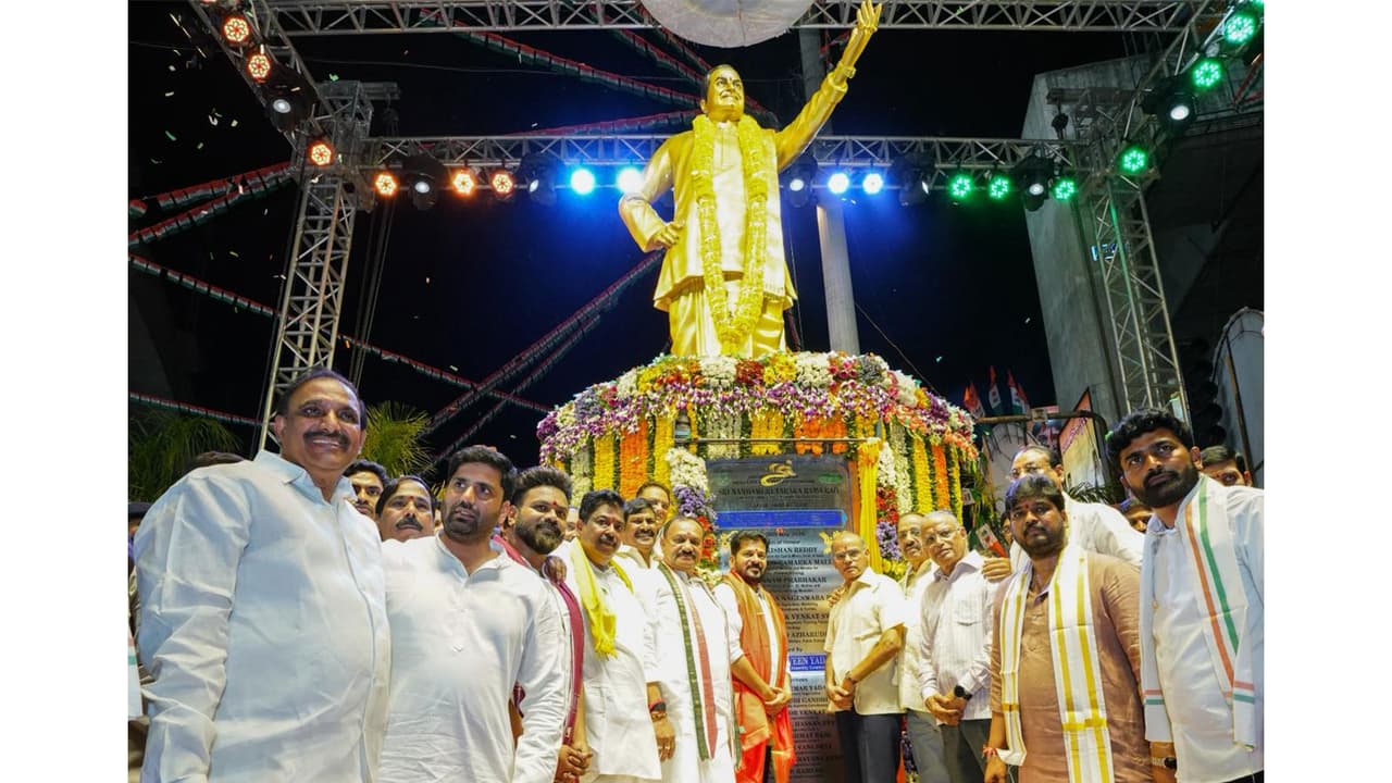 Telangana CM Revanth Reddy unveils NTR statue in Hyderabad (Photo/CMO) Telangana CM Revanth Reddy unveils NTR statue in Hyderabad (Photo/CMO)