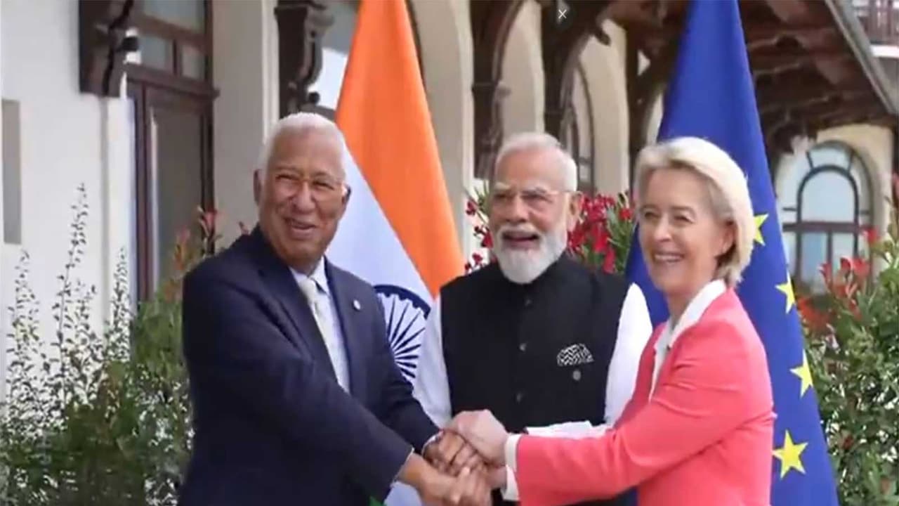 Prime Minister Narendra Modi meets European Council President António Costa and European Commission President Ursula von der Leyen on the sidelines of the G7 Summit in Évian, France. (Photo/ANI) Prime Minister Narendra Modi meets European Council President António Costa and European Commission President Ursula von der Leyen on the sidelines of the G7 Summit in Évian, France. (Photo/ANI)