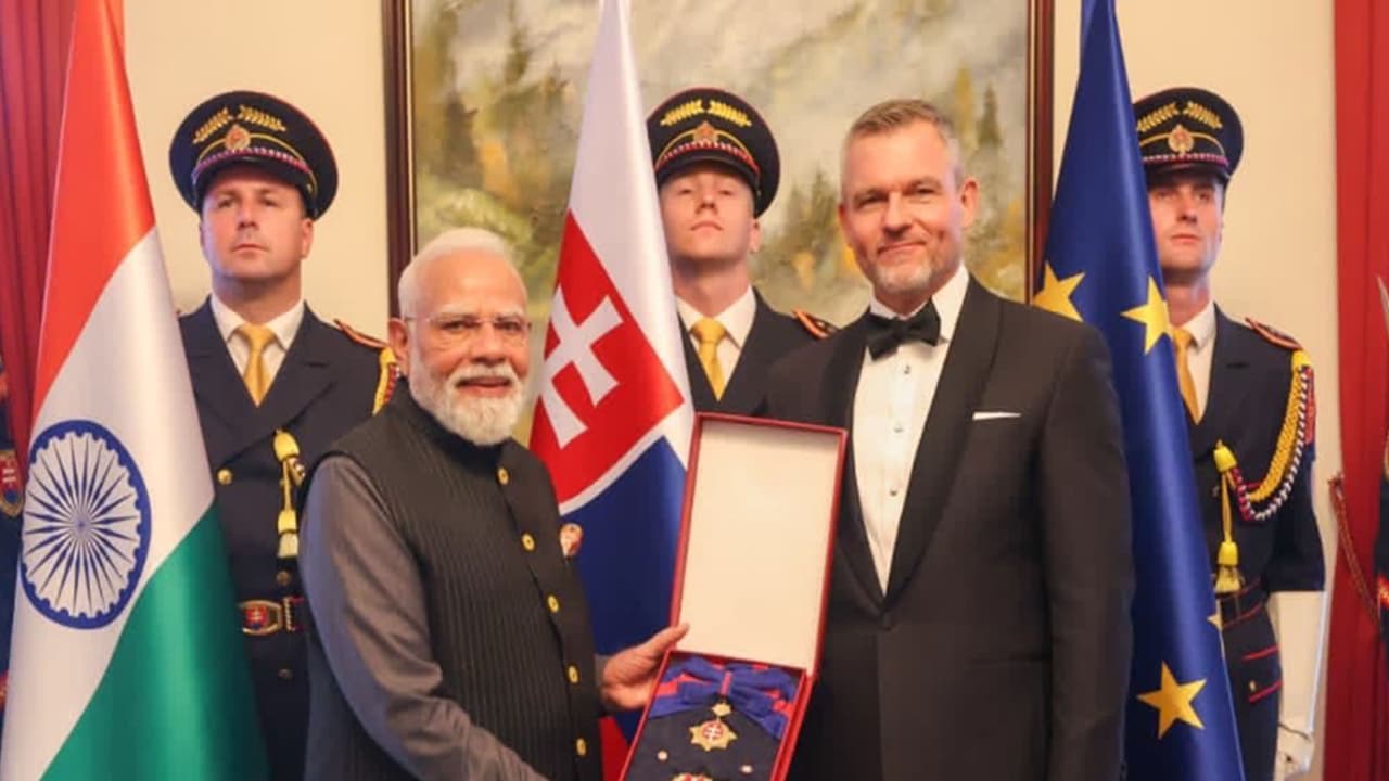 PM Narendra Modi being conferred The Order of the White Double Cross (1st Class) (Photo/X/@ombirlakota) PM Narendra Modi being conferred The Order of the White Double Cross (1st Class) (Photo/X/@ombirlakota)