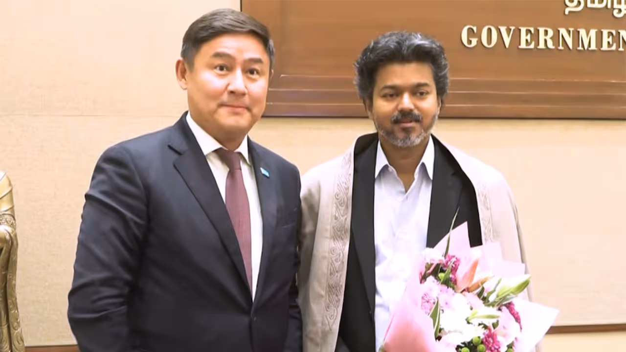 Tamil Nadu Chief Minister Vijay meets Ambassador of Kazakhstan Azamat Yeskarayev (Photo/ANI) Tamil Nadu Chief Minister Vijay meets Ambassador of Kazakhstan Azamat Yeskarayev (Photo/ANI)