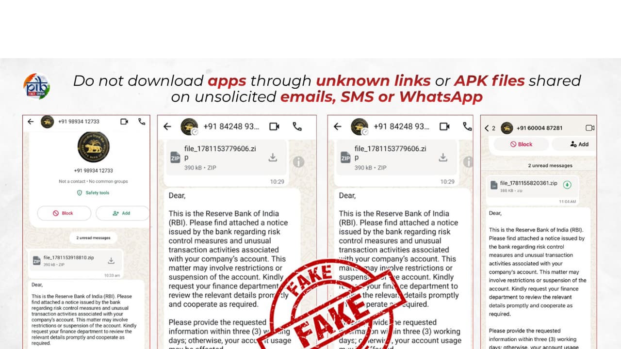 PIB Fact Check flags fake RBI WhatsApp messages seeking banking details (Photo/X@PIBFactCheck) PIB Fact Check flags fake RBI WhatsApp messages seeking banking details (Photo/X@PIBFactCheck)