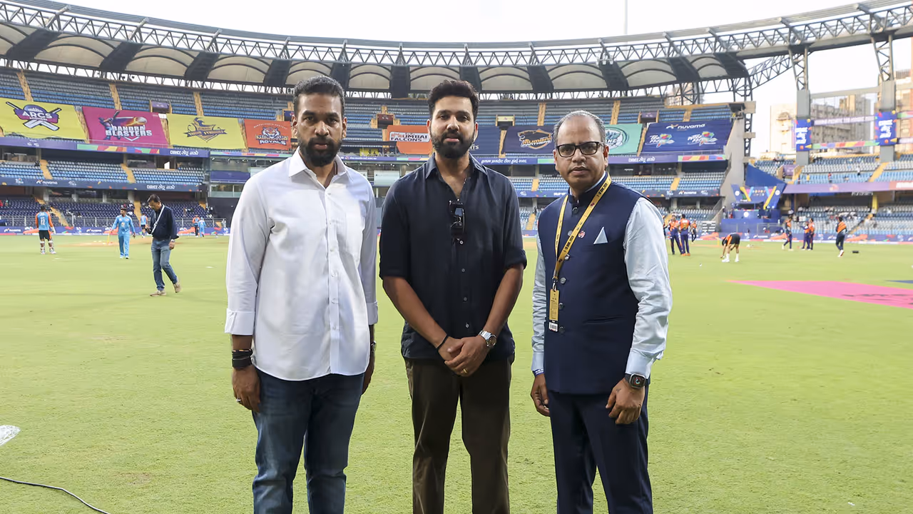 Ajinkya Naik (left), Rohit Sharma (middle) and Rajdip Gupta (right) (Photo: T20 Mumbai League 2026) Ajinkya Naik (left), Rohit Sharma (middle) and Rajdip Gupta (right) (Photo: T20 Mumbai League 2026)