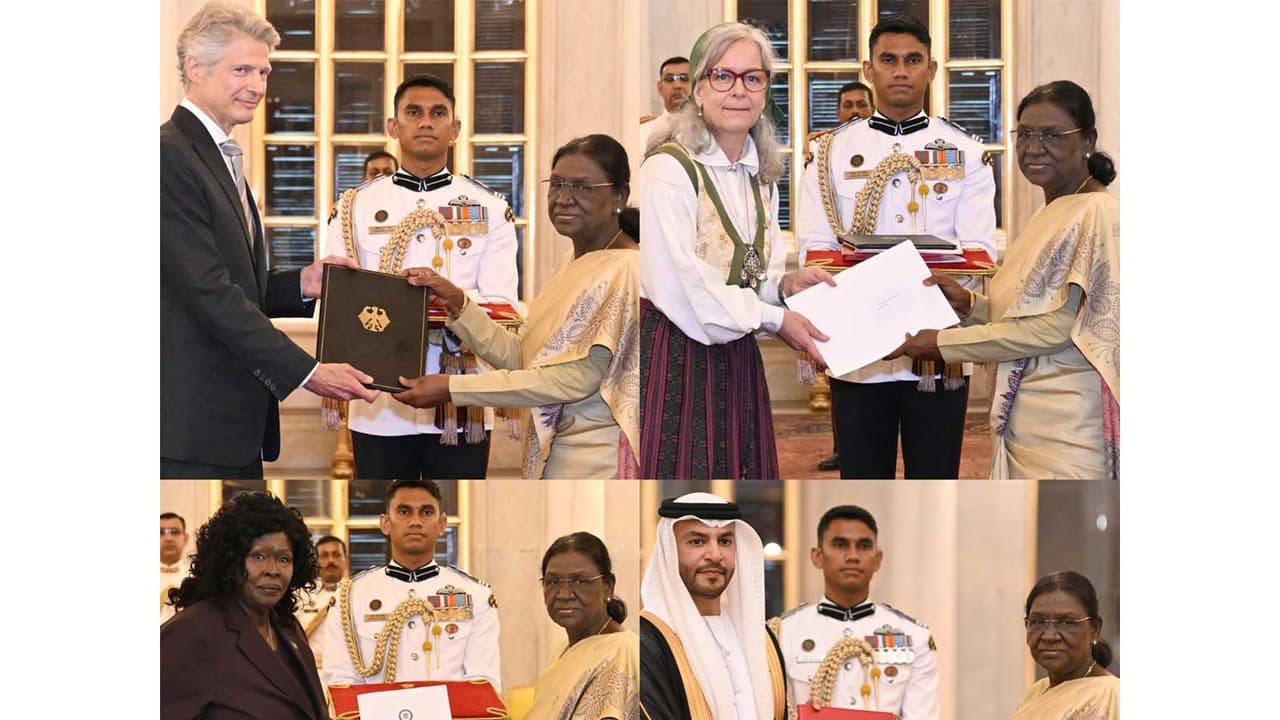 President Droupadi Murmu receives credentials from the newly appointed ambassadors of Germany, Sweden, South Sudan and the United Arab Emirates (Photo/X/@rashtrapatibhvn) President Droupadi Murmu receives credentials from the newly appointed ambassadors of Germany, Sweden, South Sudan and the United Arab Emirates (Photo/X/@rashtrapatibhvn)
