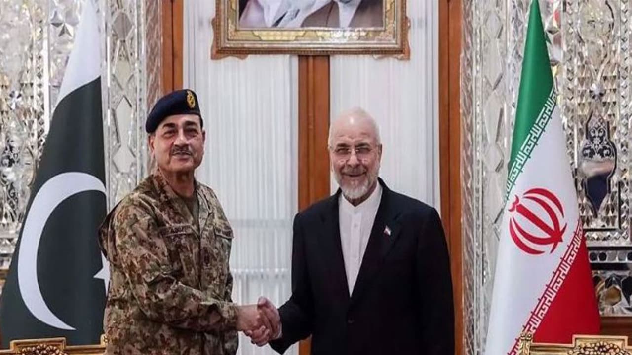 Pakistan’s Army Chief Asim Munir meets Iranian Parliament Speaker Mohammad Bagher Ghalibaf in Tehran, Iran. (Image Source: Iranian state media) Pakistan’s Army Chief Asim Munir meets Iranian Parliament Speaker Mohammad Bagher Ghalibaf in Tehran, Iran. (Image Source: Iranian state media)