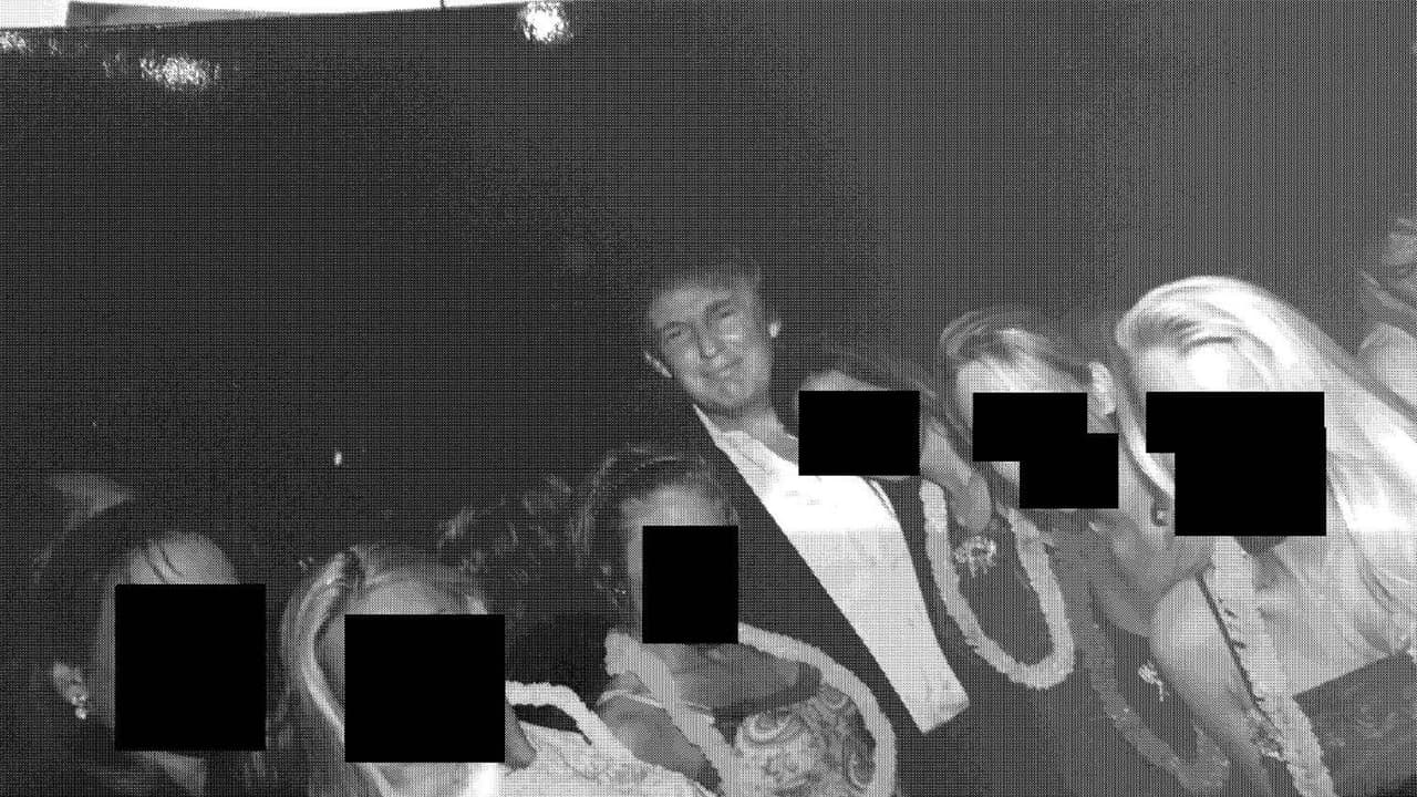 One of the released photos reportedly shows Trump posing with six women wearing leis, though their faces were redacted by committee members (Photo/X@OversightDems)