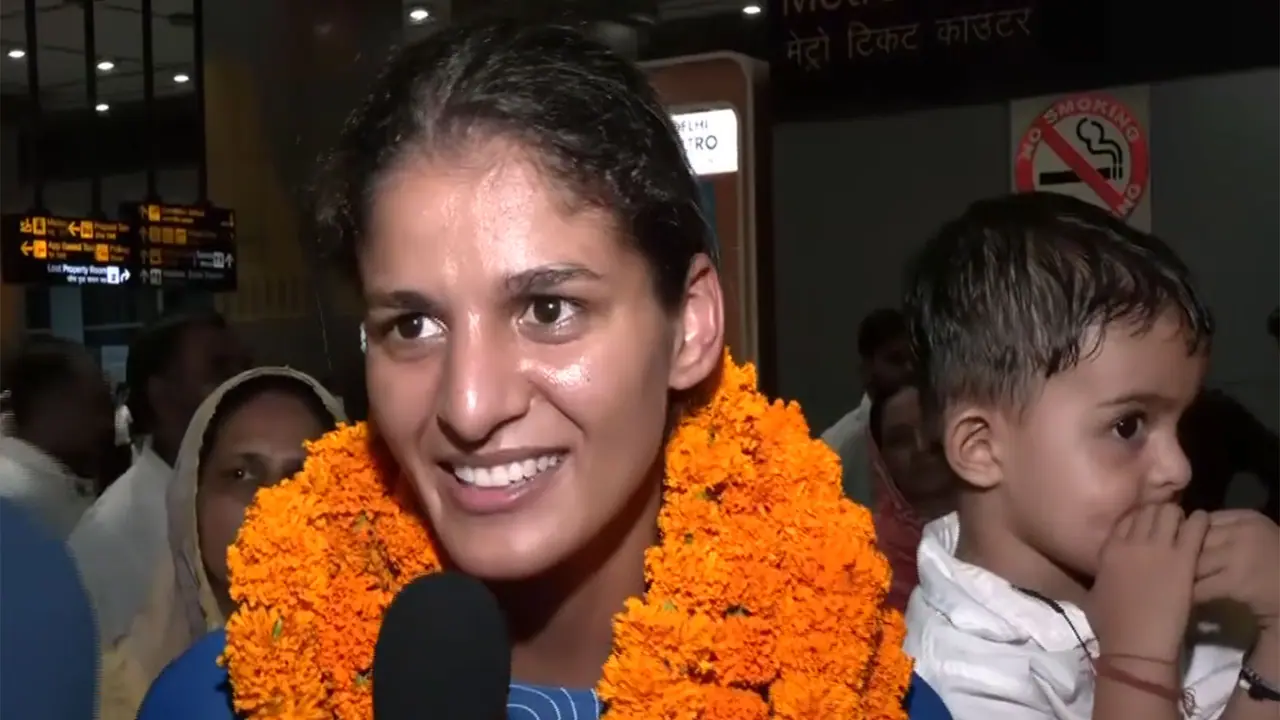 Jaismine Lamboria at IGI Airport in New Delhi (Photo: ANI) Jaismine Lamboria at IGI Airport in New Delhi (Photo: ANI)