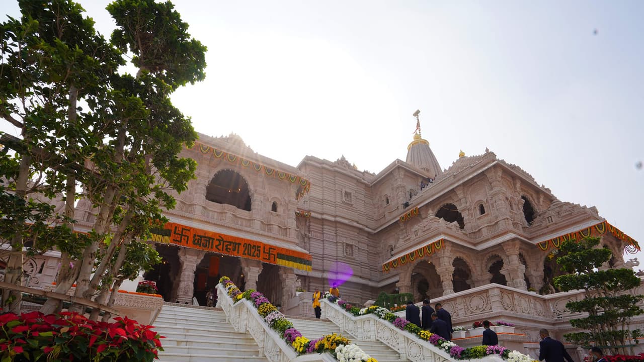 Shri Ram Janmabhoomi Mandir decked up for grand Dwajarohan Ceremony. (Photo/ANI)