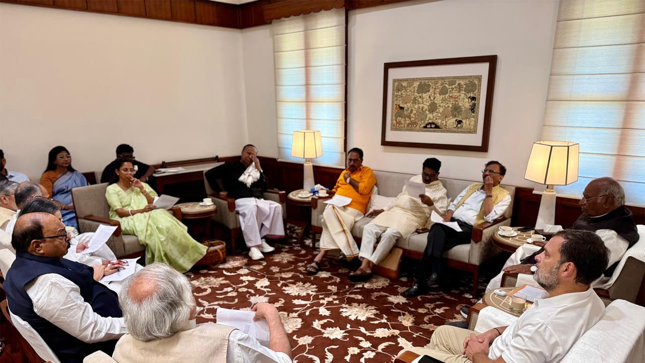 Opposition parties under the INDIA bloc met in the Parliament premises (Photo/AICC) Opposition parties under the INDIA bloc met in the Parliament premises (Photo/AICC)