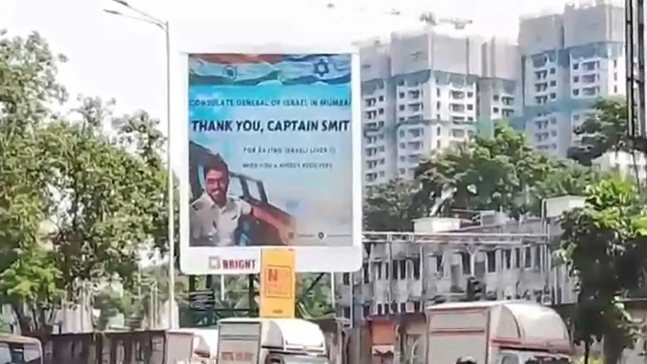 A prominent billboard set up by the Consulate General of Israel in Mumbai, bearing the message "Thank you, Captain Smit", honours Indian pilot Captain Smit Machchhar for his extraordinary valour during a mid air security crisis. (Image Source: Israel Consulate) A prominent billboard set up by the Consulate General of Israel in Mumbai, bearing the message "Thank you, Captain Smit", honours Indian pilot Captain Smit Machchhar for his extraordinary valour during a mid air security crisis. (Image Source: Israel Consulate)