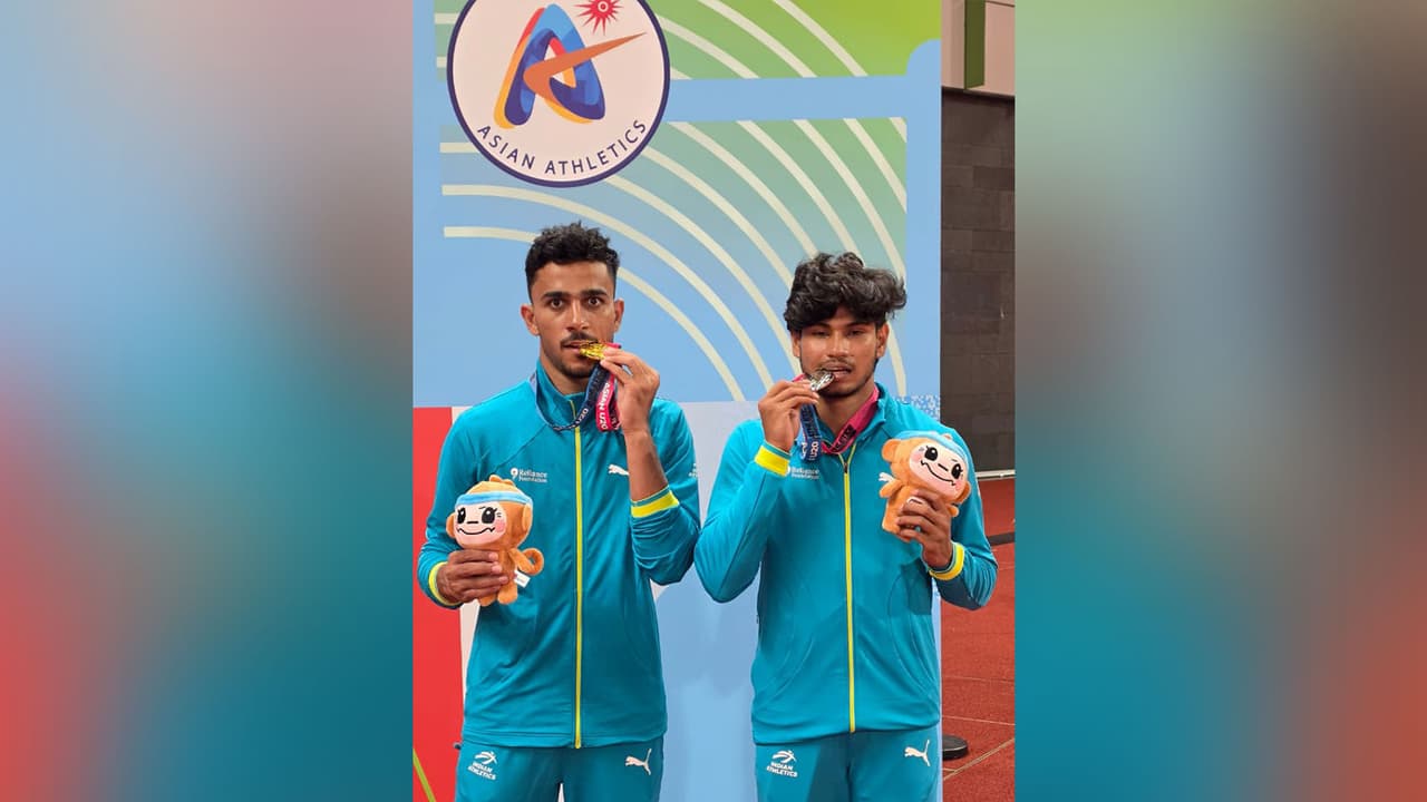 Shahnavaz Khan (left) and Jithin Arjunan Raman Chandrasekaran won gold and silver in men’s long jump at 22nd Asian U20 Athletics Championships. (Photo: AFI media) Shahnavaz Khan (left) and Jithin Arjunan Raman Chandrasekaran won gold and silver in men’s long jump at 22nd Asian U20 Athletics Championships. (Photo: AFI media)