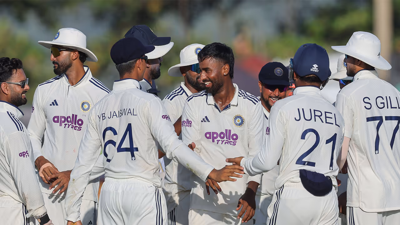 India's Manav Suthar and his teammates celebrating (Photo: ANI) India's Manav Suthar and his teammates celebrating (Photo: ANI)
