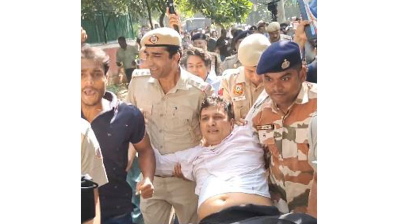 Aam Aadmi Party (AAP) Delhi president Saurabh Bhardwaj detained by Delhi police (Photo/X/ @Saurabh_MLAgk) Aam Aadmi Party (AAP) Delhi president Saurabh Bhardwaj detained by Delhi police (Photo/X/ @Saurabh_MLAgk)