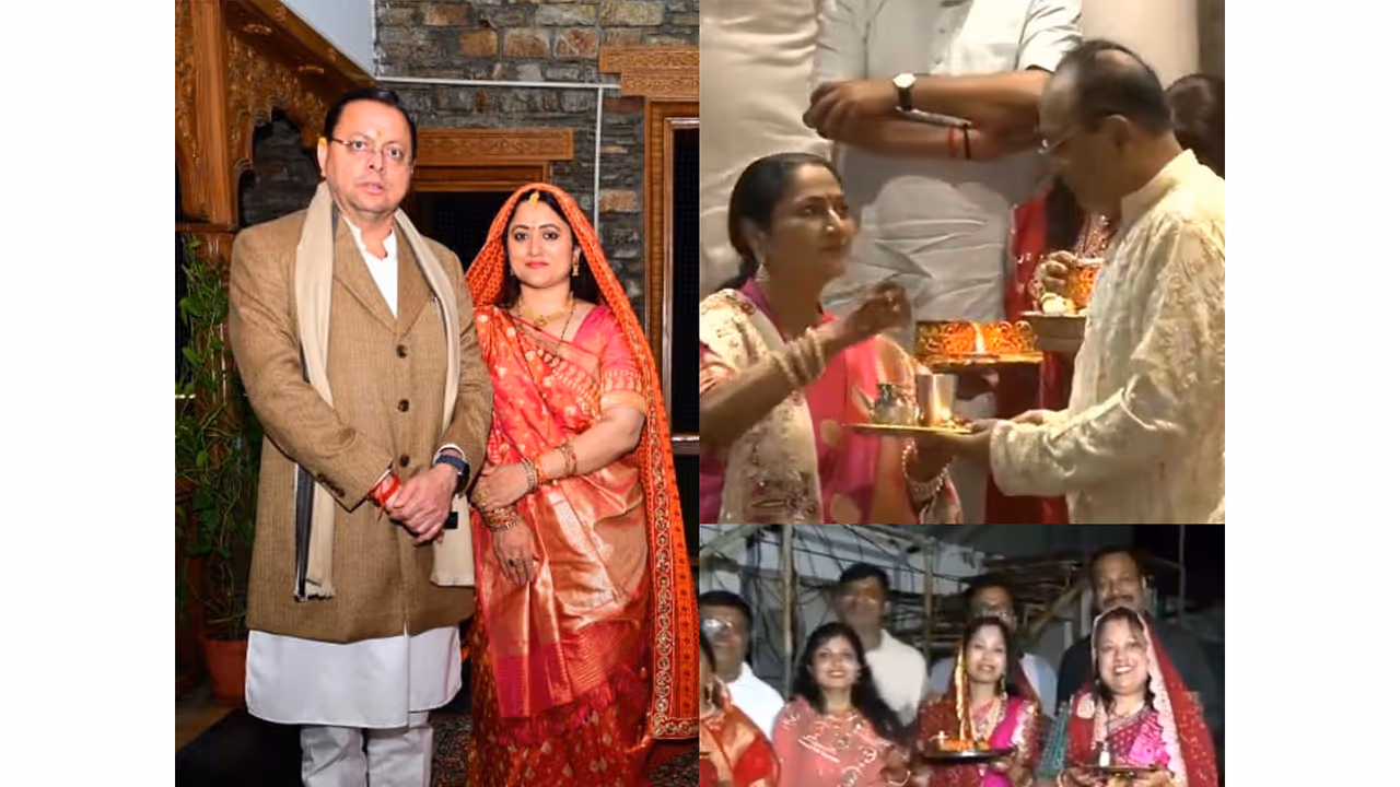 Uttarakhand CM Pushkar Dhami with wife, Delhi CM Rekha Gupta with husband, and women celebrating Karwa Chauth (Photo/ANI) Uttarakhand CM Pushkar Dhami with wife, Delhi CM Rekha Gupta with husband, and women celebrating Karwa Chauth (Photo/ANI)
