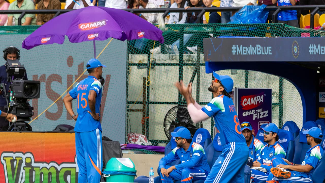 Nitish Kumar Reddy (attempting a catch) in action. (Photo: ANI) Nitish Kumar Reddy (attempting a catch) in action. (Photo: ANI)