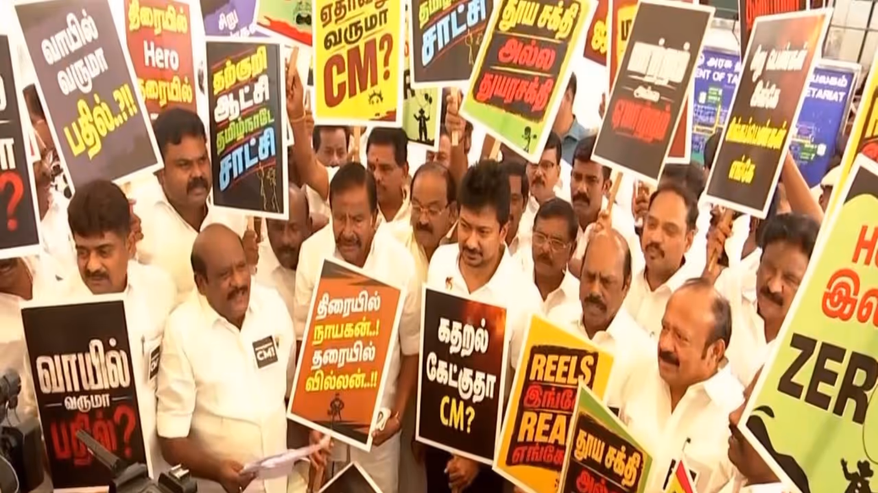 DMK MLAs wear black badges to protest prevailing law & order in Tamil Nadu (Photo/ANI) DMK MLAs wear black badges to protest prevailing law & order in Tamil Nadu (Photo/ANI)