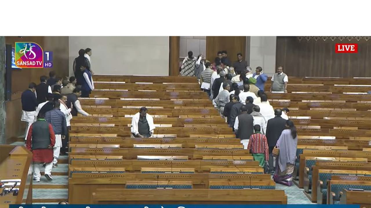 Opposition MPs stage walkout in Lok Sabha (Photo: Sansad TV) Opposition MPs stage walkout in Lok Sabha (Photo: Sansad TV)