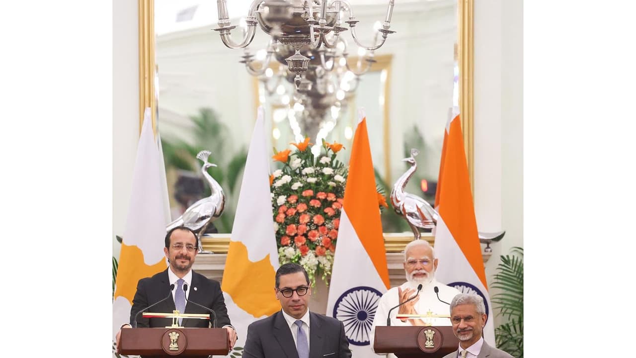 PM Modi, Cyprus President Nikos Christodoulides, EAM S Jaishankar and Cyprus Foreign Minister Constantinos Kombos (Photo/X@MEA) PM Modi, Cyprus President Nikos Christodoulides, EAM S Jaishankar and Cyprus Foreign Minister Constantinos Kombos (Photo/X@MEA)