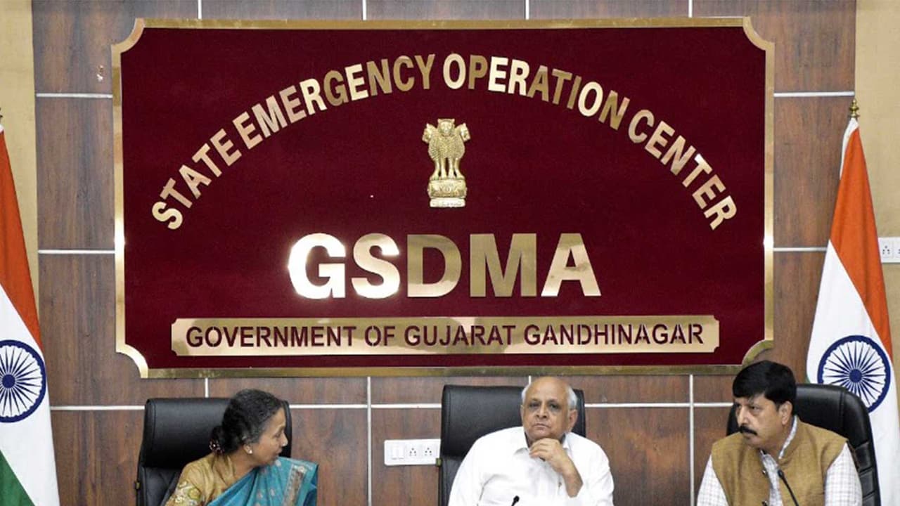 Gujarat Chief Minister Bhupendra Patel visited the State Emergency Operations Centre (SEOC) late on Saturday evening (Photo/Gujarat CMO) Gujarat Chief Minister Bhupendra Patel visited the State Emergency Operations Centre (SEOC) late on Saturday evening (Photo/Gujarat CMO)