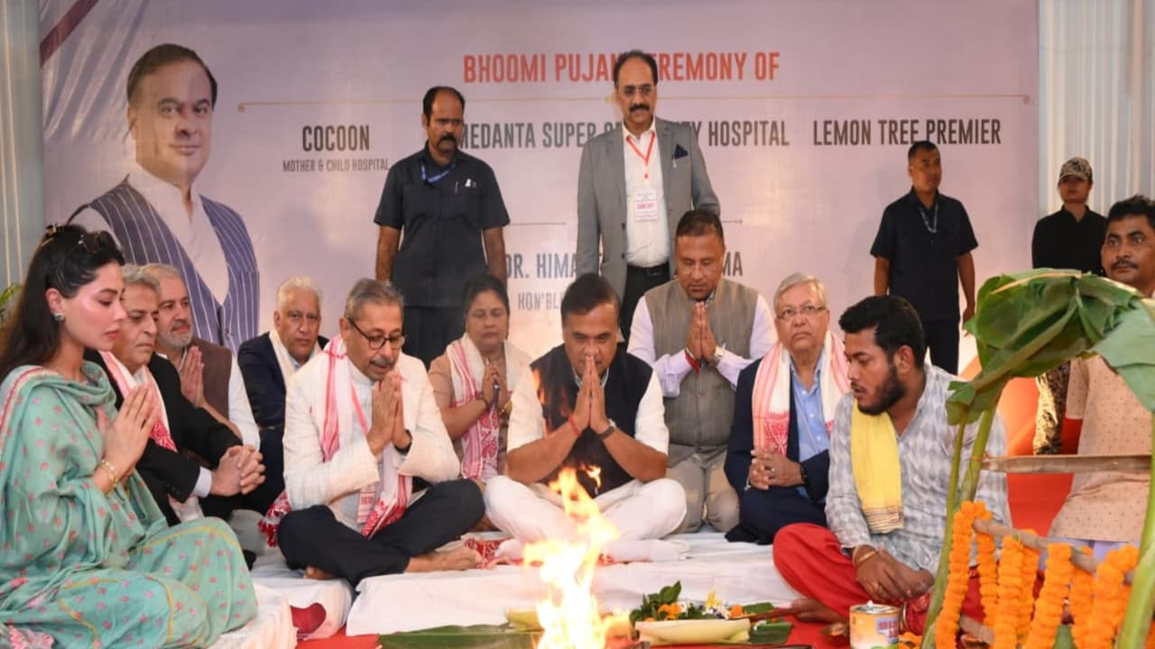 Assam CM Himanta Biswa Sarma performs bhumi pujan for three projects. (Photo/ANI) Assam CM Himanta Biswa Sarma performs bhumi pujan for three projects. (Photo/ANI)
