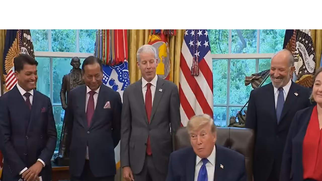 US President Donald Trump during the announcement of an USD 18 billion Essar Group steel investment, flanked by Mesabi Metallics chairman Rewant Ruia and Essar co founder Ravi Ruia. (Photo: White House/YouTube) US President Donald Trump during the announcement of an USD 18 billion Essar Group steel investment, flanked by Mesabi Metallics chairman Rewant Ruia and Essar co founder Ravi Ruia. (Photo: White House/YouTube)