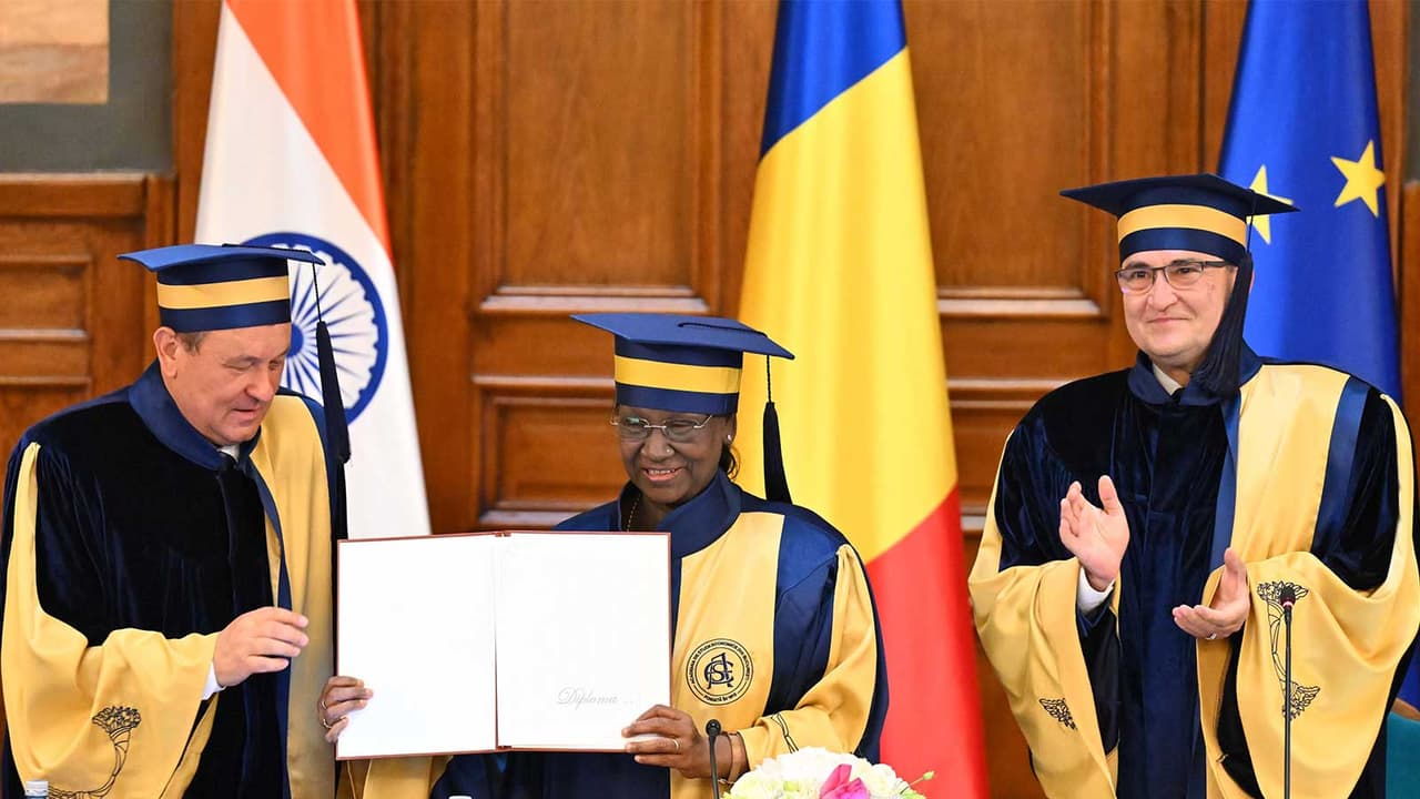 The Bucharest University of Economic Studies confers an Honorary Doctorate on President Droupadi Murmu in Romania (Photo/X/@rashtrapatibhvn) The Bucharest University of Economic Studies confers an Honorary Doctorate on President Droupadi Murmu in Romania (Photo/X/@rashtrapatibhvn)