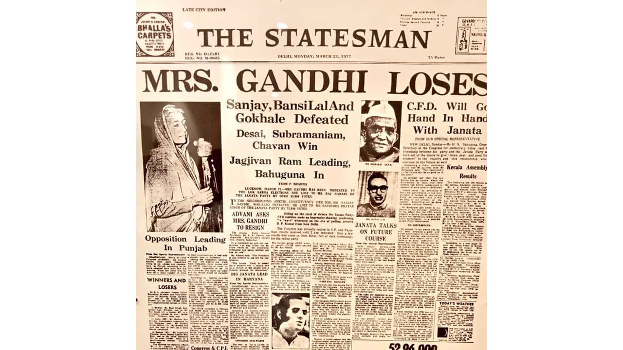 News article from The Statesman, March 21, 1977, reporting the electoral loss of former PM Indira Gandhi and the rise of the Janata Party in Indiaβs political landscape (Photo: x/@BJP4India) News article from The Statesman, March 21, 1977, reporting the electoral loss of former PM Indira Gandhi and the rise of the Janata Party in Indiaβs political landscape (Photo: x/@BJP4India)